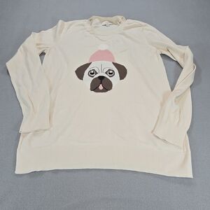 LOFT Pug Dog Graphic Sweater Size Large Cream Knit Pullover Novelty